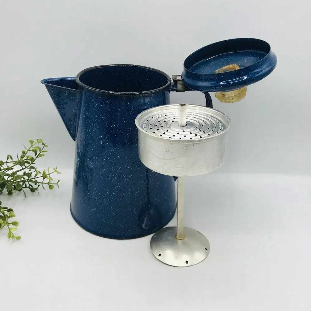 Vtg Blue & White Speckled Enamel 8 Cup Coffee Pot Percolator Has Damage